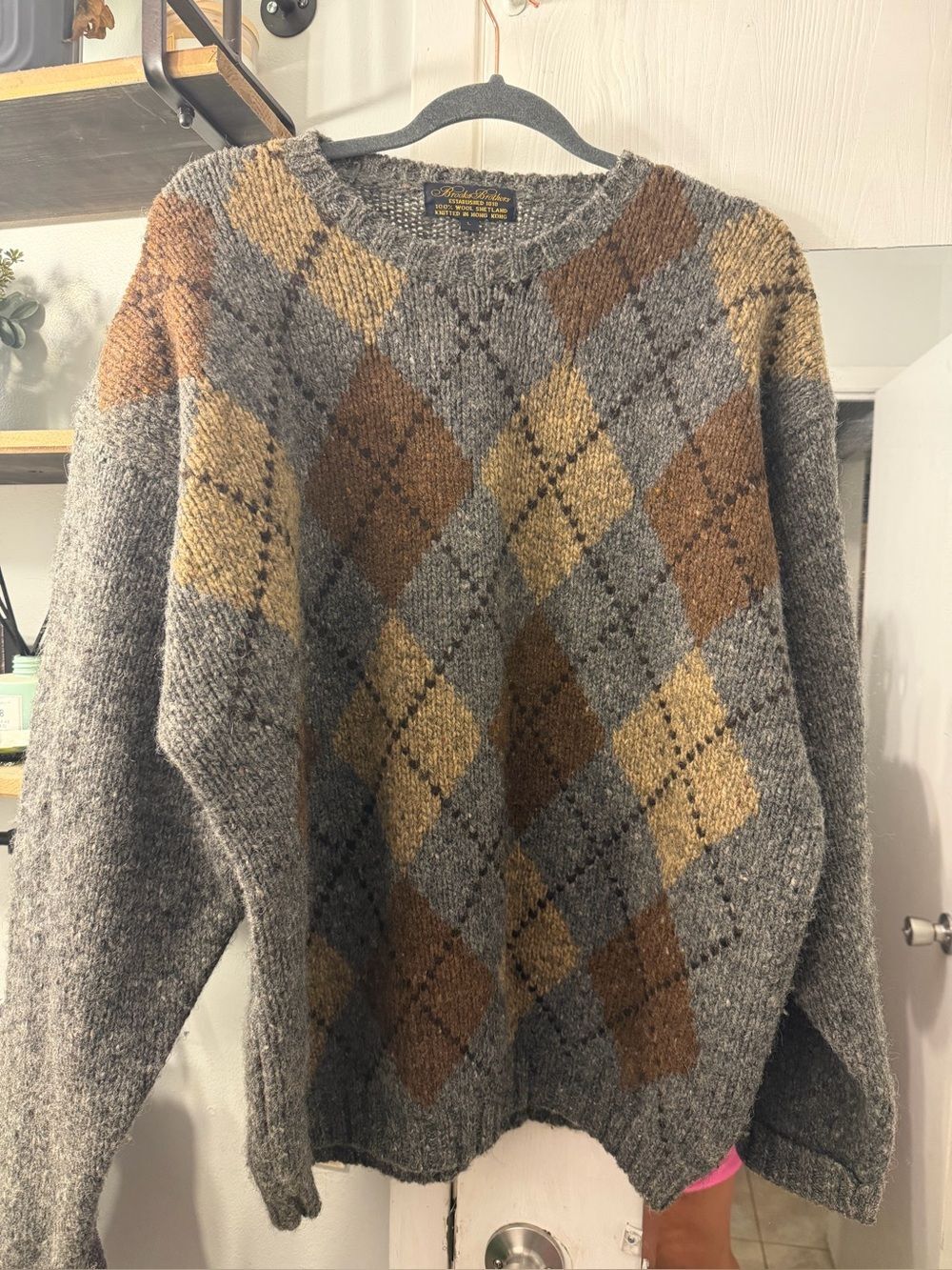 Brooks Brothers  100% wool Gray Argyle Crewneck Sweater with Brown and Mustard